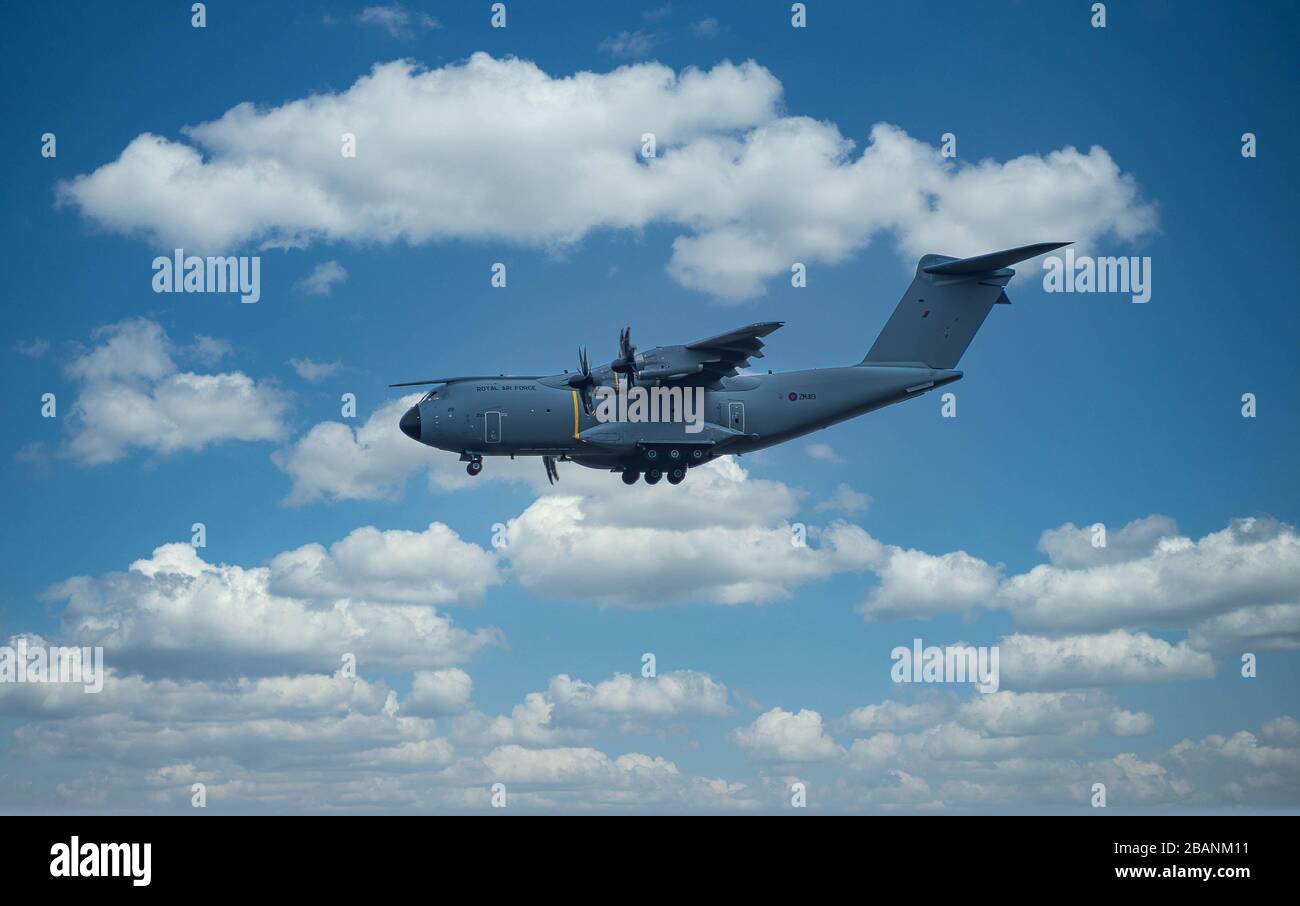 CHESTER, UK - MARCH 28, 2020: Royal Air Force Airbus A400 miltary aircraft Stock Photo