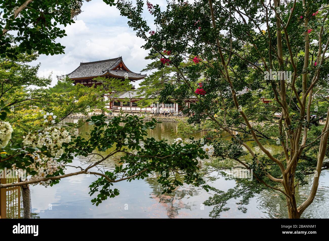 View of the idyllic Kagami-ike pond outside Todaiji Temple, Nara, Japan Stock Photo