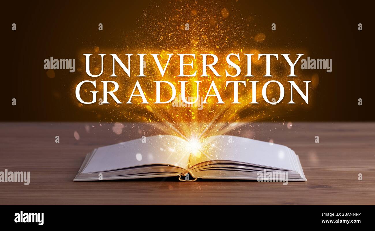 UNIVERSITY GRADUATION inscription coming out from an open book