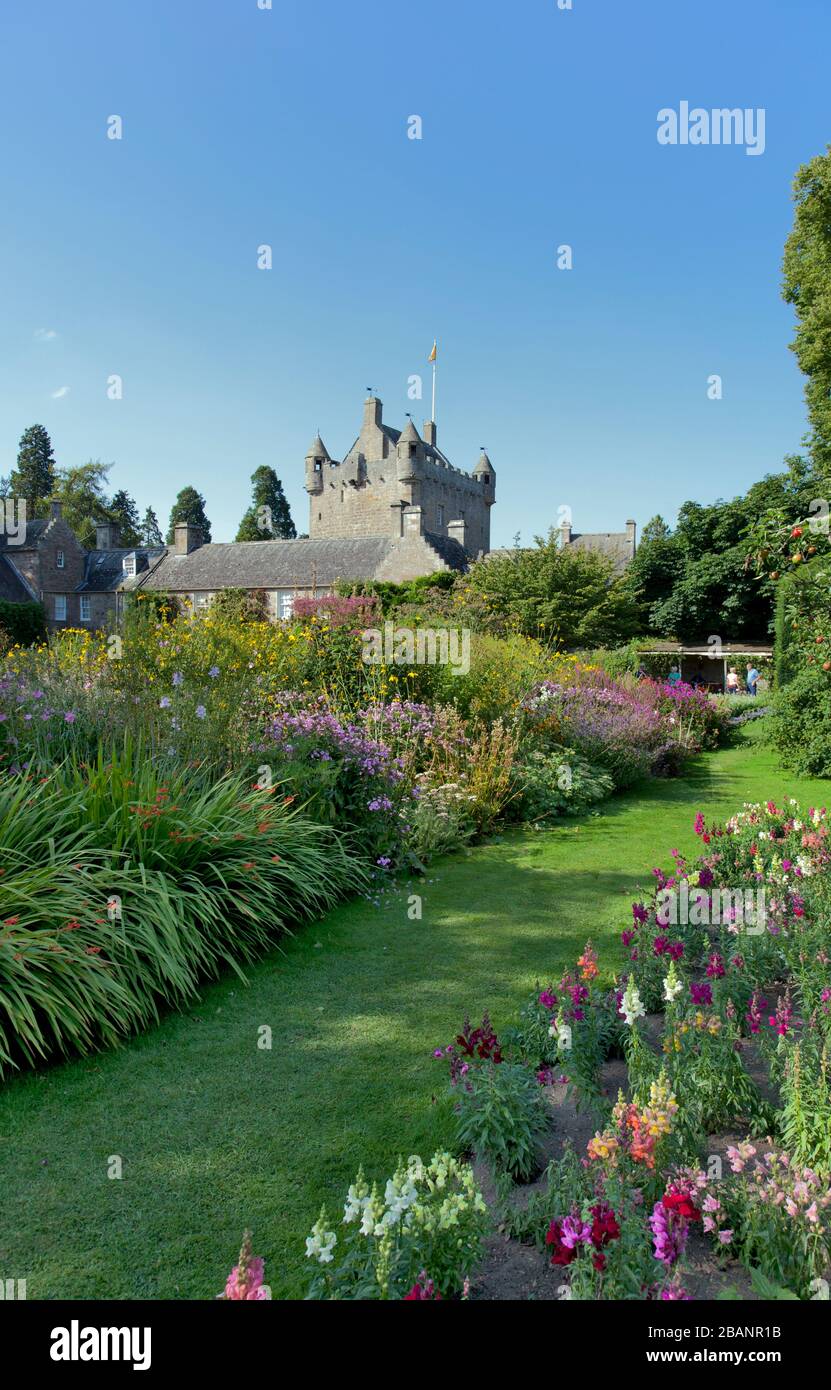 The Flower Garden frames Cawdor Castle in the Scottish Highlands, near Nairn. Stock Photo