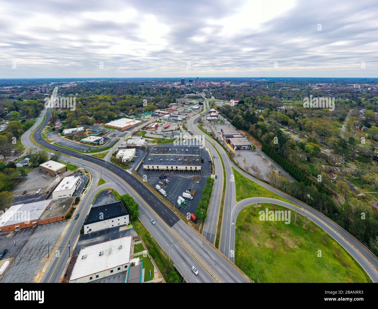 Aerial view of the Wendover Ave with Greensboro on the horizon, US