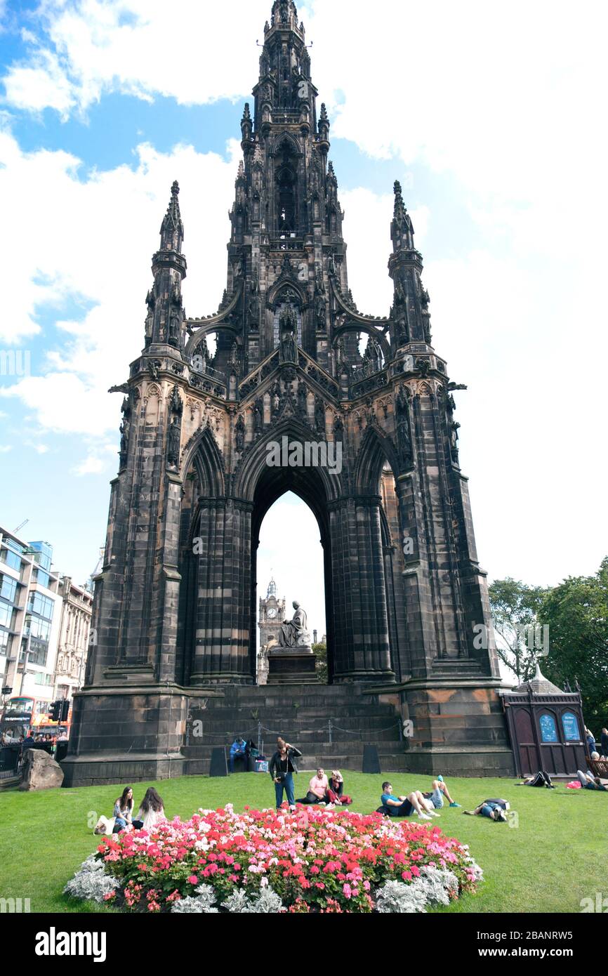 Following the death of Sir Walter Scott in 1832 this tower was constructed in his honor in Princes Street Garden, Edinburgh, Scotland. Stock Photo