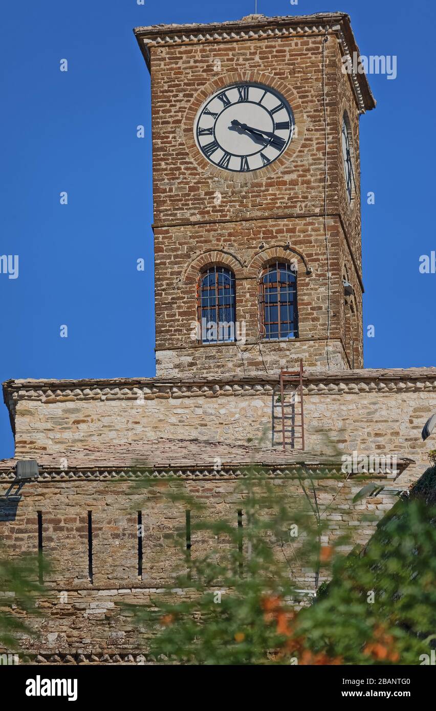 Old Gjirokaster clock tower UNESCO World Heritage in Albania Stock Photo