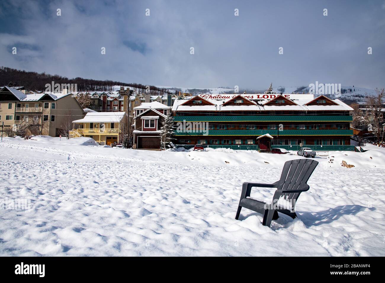 Park City, Utah, USA, March 28, 2020.  A ghost town once again!  Famous Park City, and Park City Ski Resort is shot down by Covid-19 Pandemic. Stock Photo