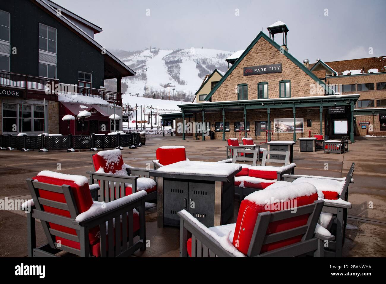 Park City, Utah, USA, March 28, 2020.  A ghost town once again!  Famous Park City, and Park City Ski Resort is shot down by Covid-19 Pandemic. Stock Photo