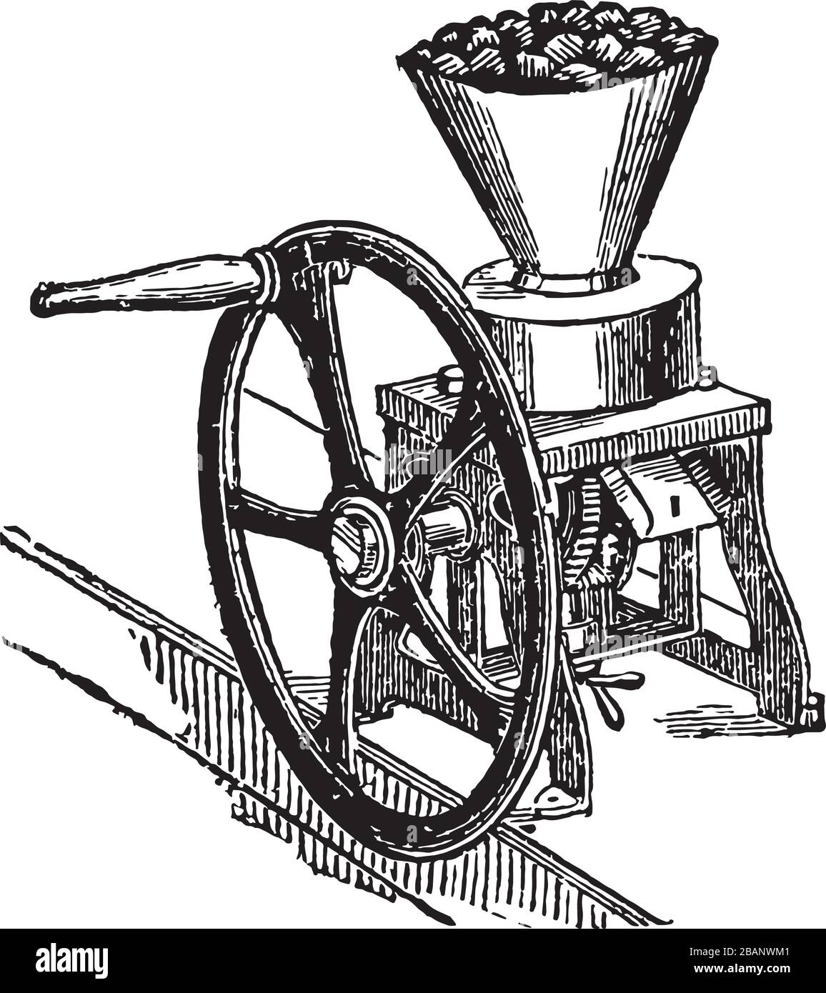 Hand crank machine, Vintage Engraved line art drawing black and white