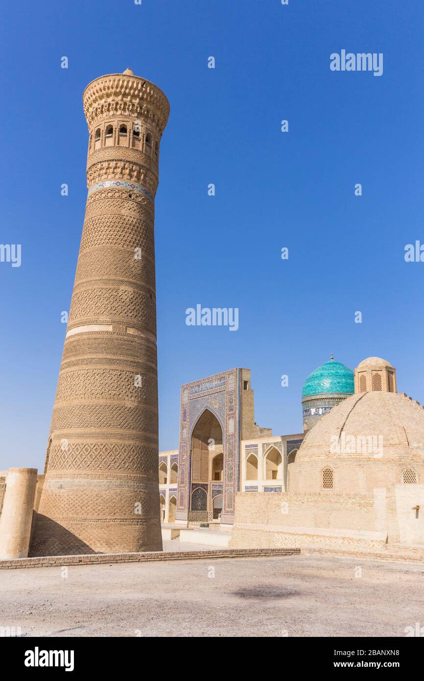Kalon minaret, and Madrasa Mir-i Arab, or Mir Arab Madrasa, Bukhara, Buchara, Uzbekistan, Central Asia, Asia Stock Photo