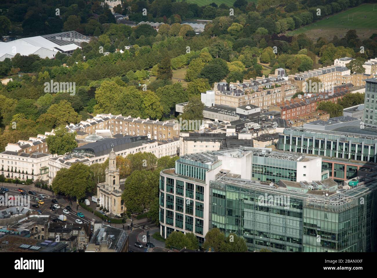 Aerial View of Regents Place One Marylebone Regents Park RCP London from the BT Tower, 60 Cleveland St, Fitzrovia, London W1T 4JZ Stock Photo