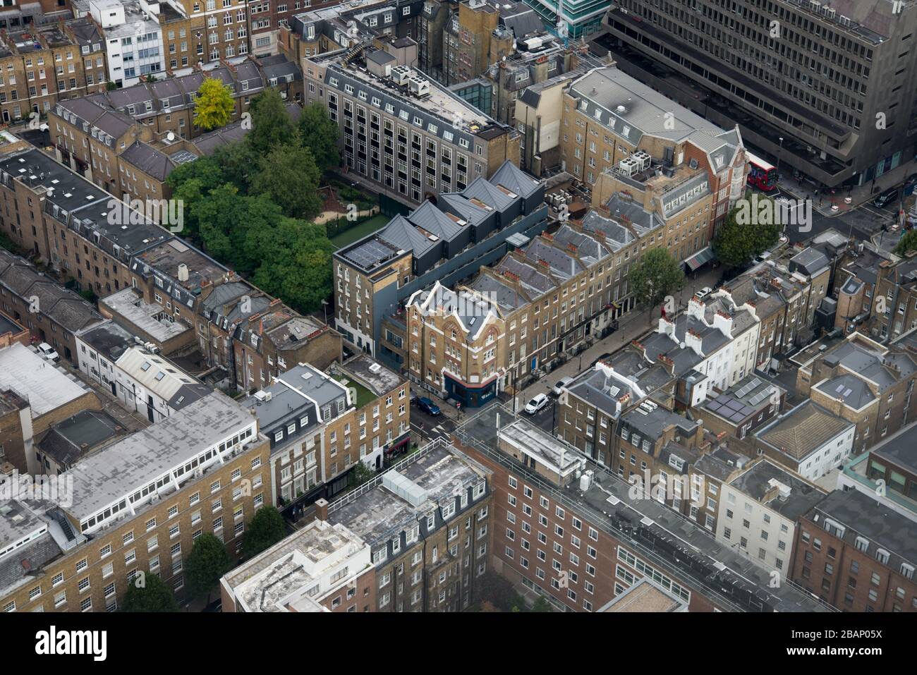 Aerial View of Whitfield Street Whitfield Place Grafton Way Suffolk House DSDHA from the BT Tower, 60 Cleveland St, Fitzrovia, London W1T 4JZ Stock Photo