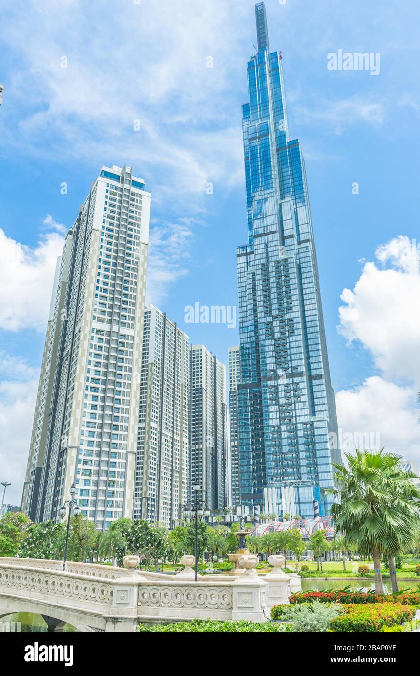 Saigon / Vietnam, July 2018 - Landmark 81 is a super-tall skyscraper of Vinhomes Central Park Project in Ho Chi Minh City, Vietnam. Stock Photo