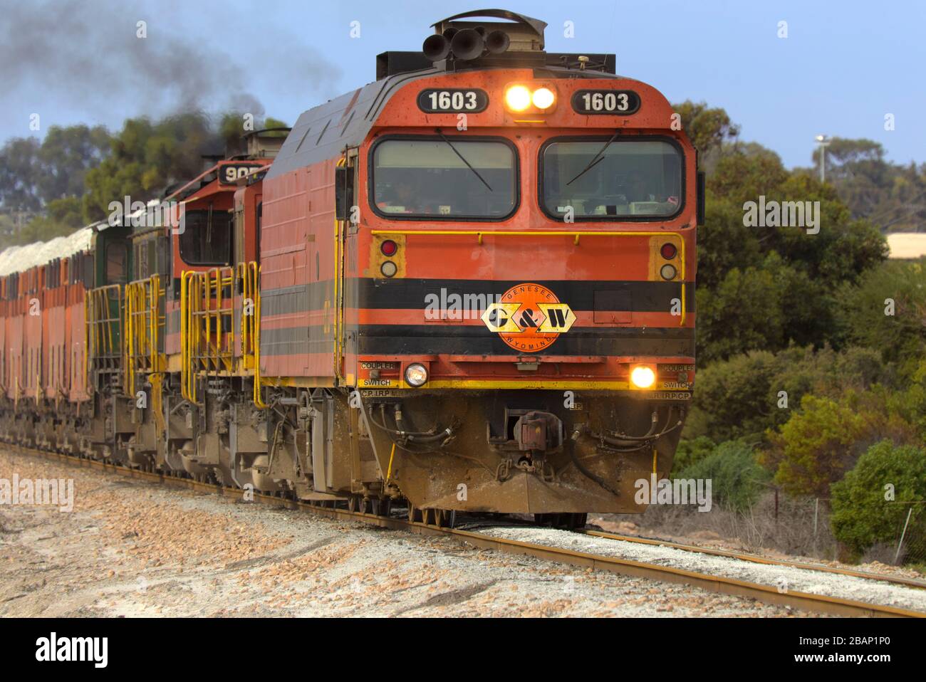 Freight train carrying gypsum running on an isolated line from Kevin to Port Thevenard near Ceduna South Australia Stock Photo