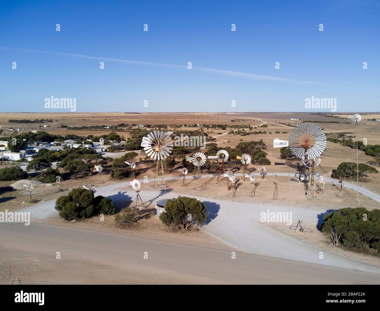 Aerial of the Windmill Park attraction found in Penong West Coast South Australia. Stock Photo