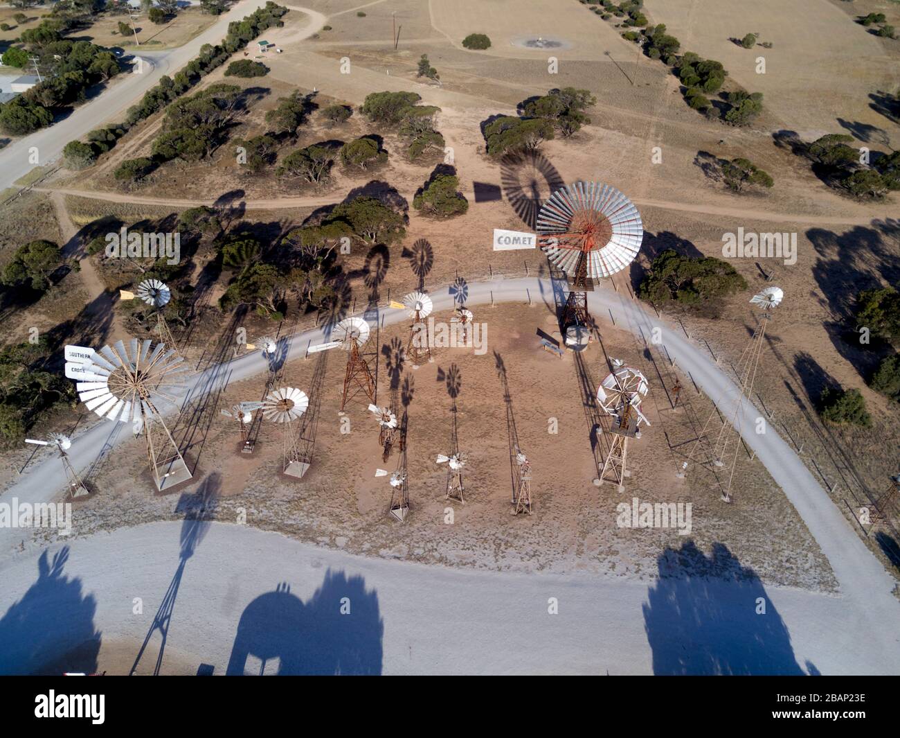 Aerial of the Windmill Park attraction found in Penong West Coast South Australia. Stock Photo