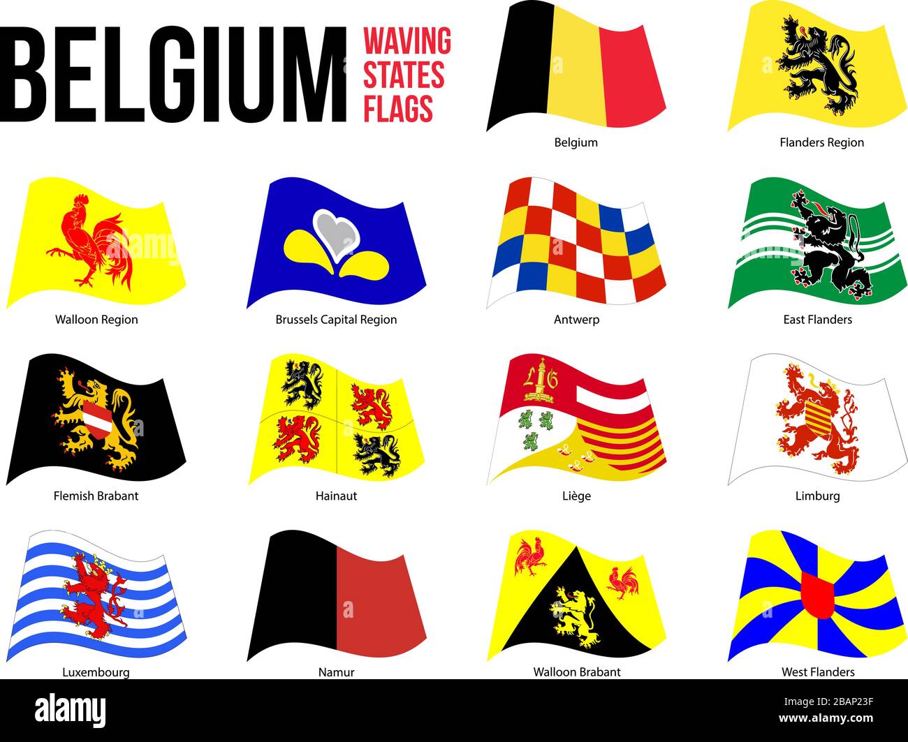 Belgium All Region & Provinces Flag Waving Vector Illustration on White Background. Flags of Belgium. Correct Size, Proportion and Colors. Stock Vector