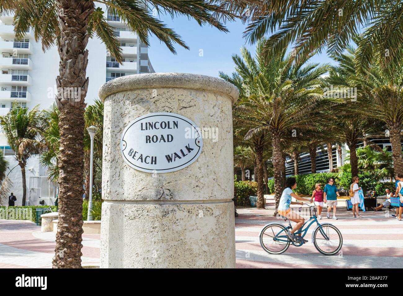 Miami Beach Florida,Beach Walk,Lincoln Road sign post,biker bikers bicycle bicycles,bicycling biking riding rider exercise exercising,bicycle,bicyclin Stock Photo