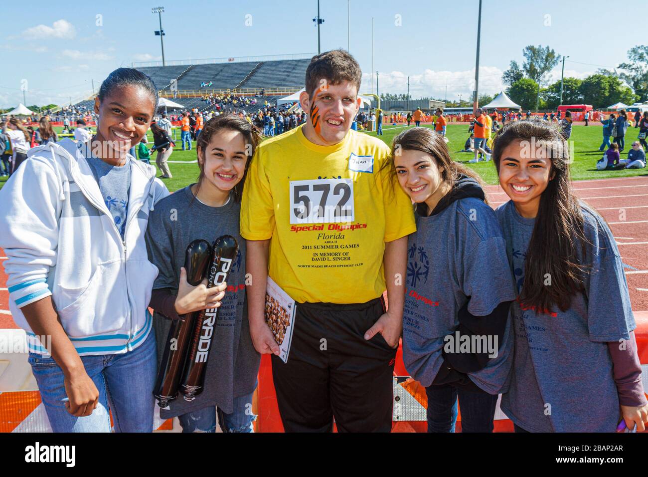 Miami Florida,Liberty City,Traz Powell Stadium,Special Olympics,needs,Track & Field mentally disabled handicapped special needs,student students,volun Stock Photo