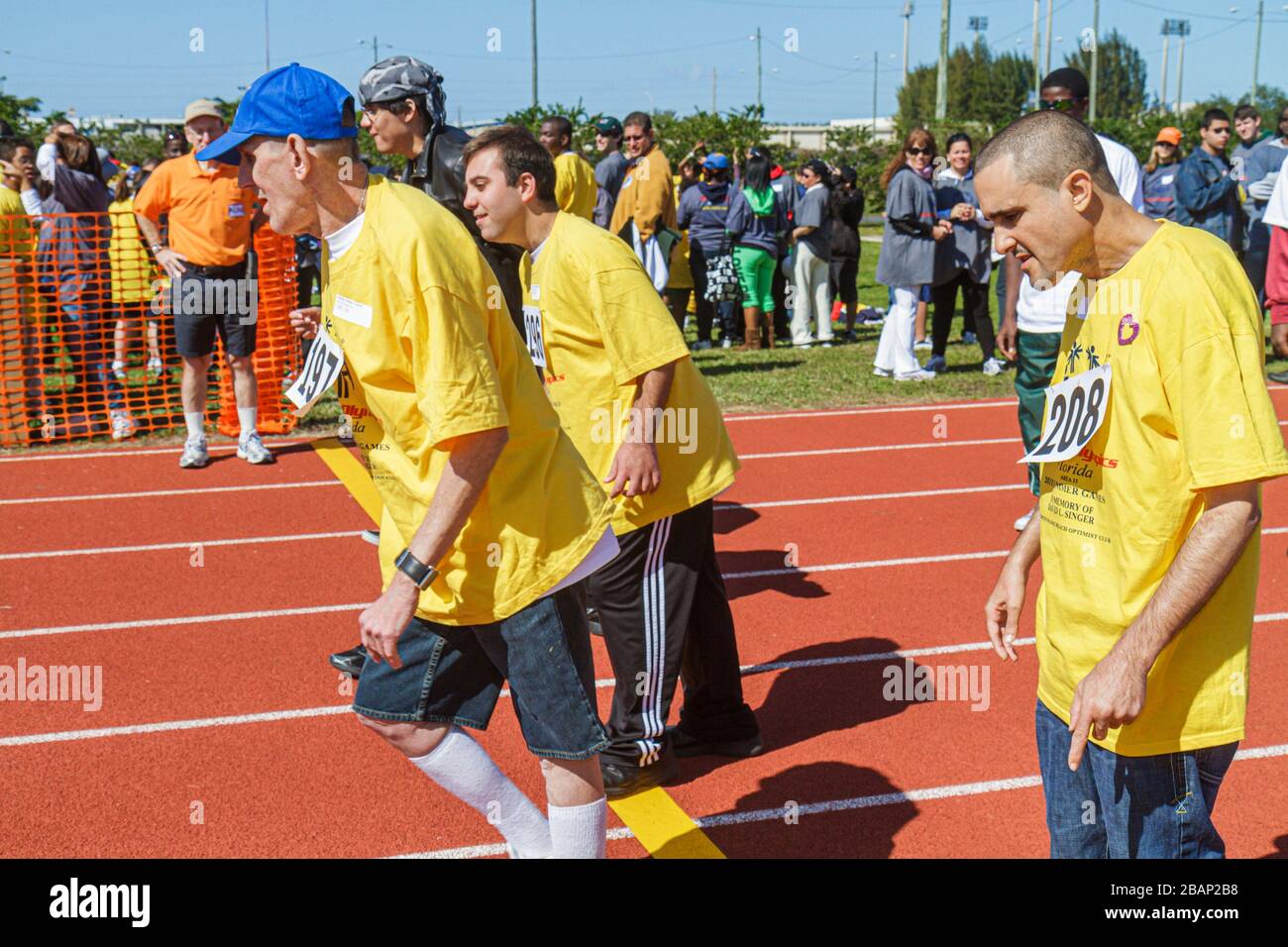 Miami Florida,Liberty City,Traz Powell Stadium,Special Olympics,needs,Track & Field mentally disabled handicapped special needs,challenged,man men mal Stock Photo