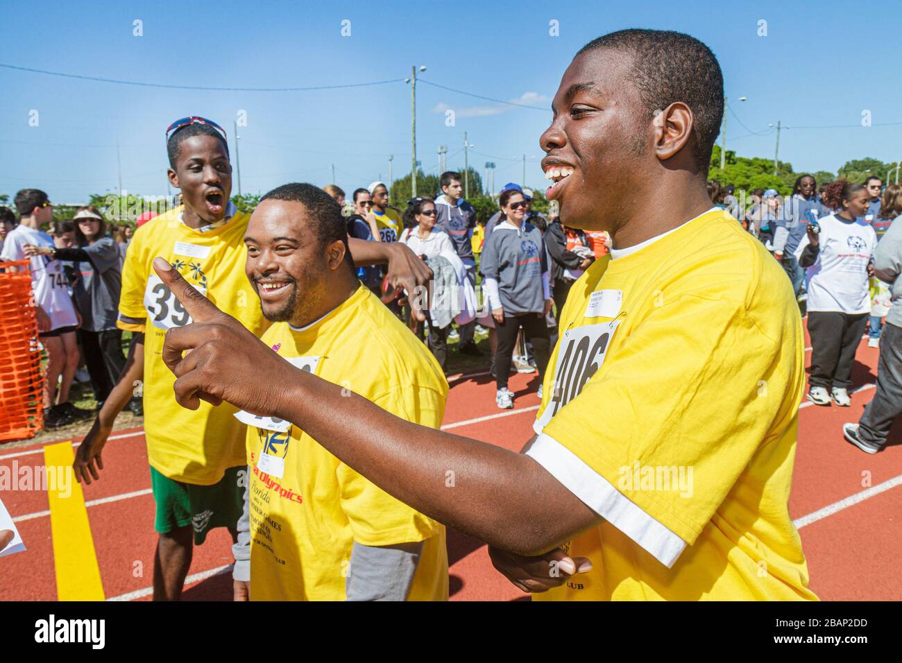 Miami Florida,Liberty City,Traz Powell Stadium,Special Olympics,needs,Track and Field event,mentally disabled disability handicapped special needs,cha Stock Photo