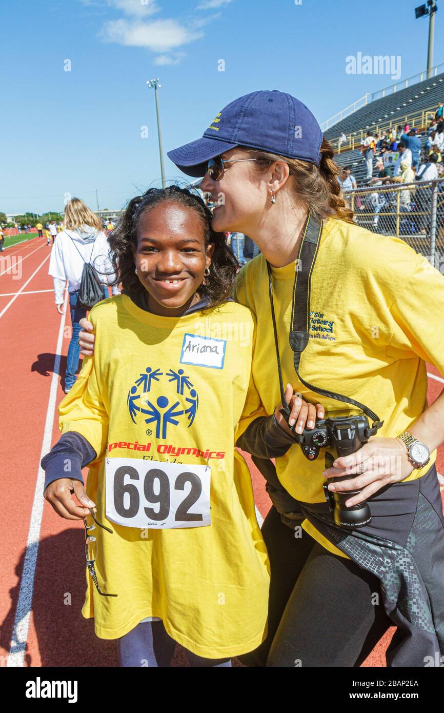 Miami Florida,Liberty City,Traz Powell Stadium,Special Olympics,needs,Track and Field event,mentally disabled disability handicapped special needs,cha Stock Photo