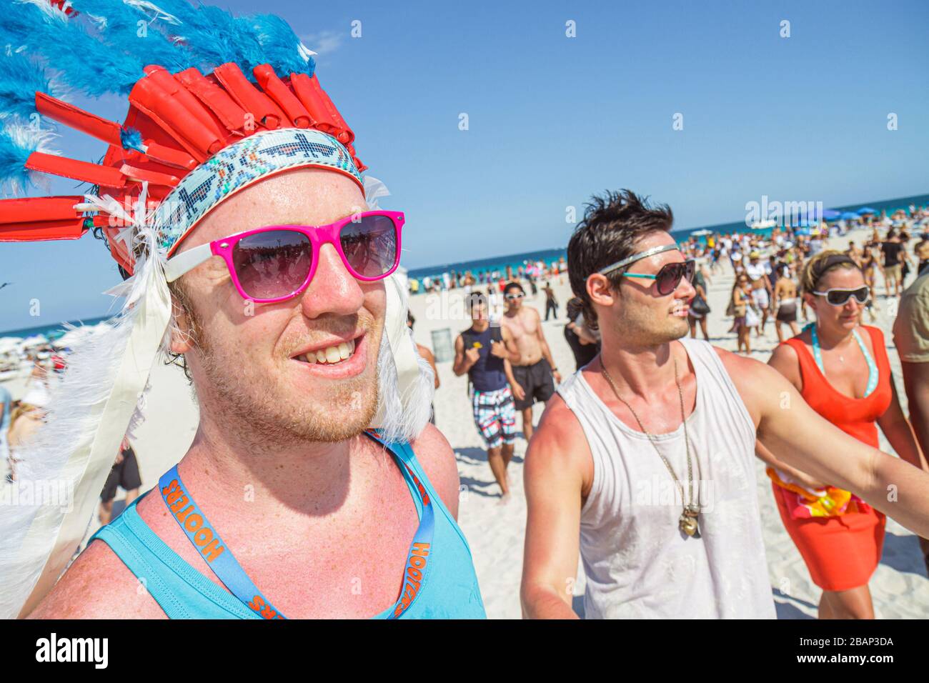 Miami Beach Florida,spring break,Funkshion Fashion Week,event entrance,man men male adult adults,Indian headdress,FL110331110 Stock Photo