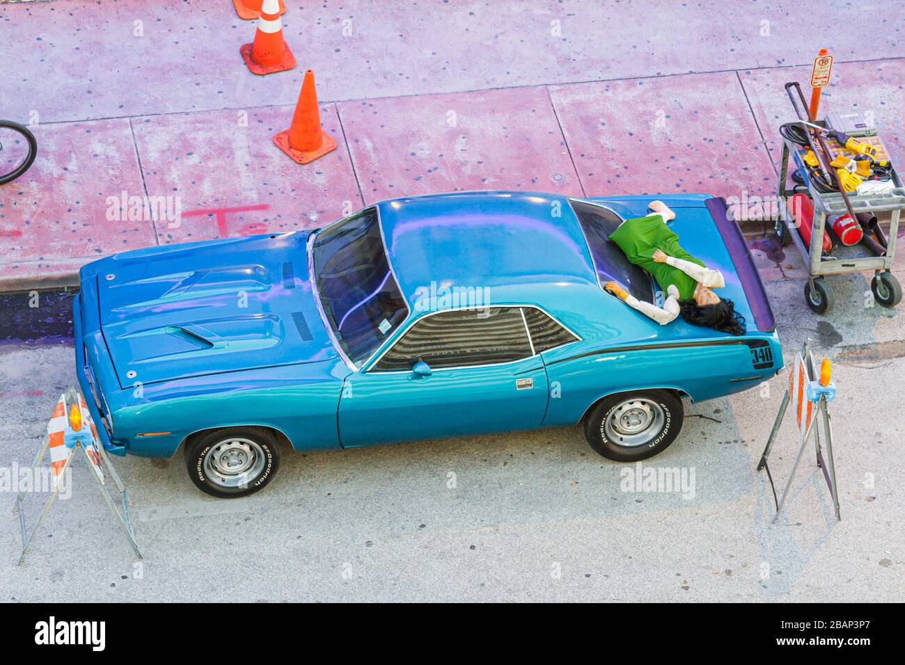Miami Beach Florida,Ocean Drive,making Charlie's Angels movie,Plymouth Duster 340,dummy,prop,visitors travel traveling tour tourist tourism landmark l Stock Photo