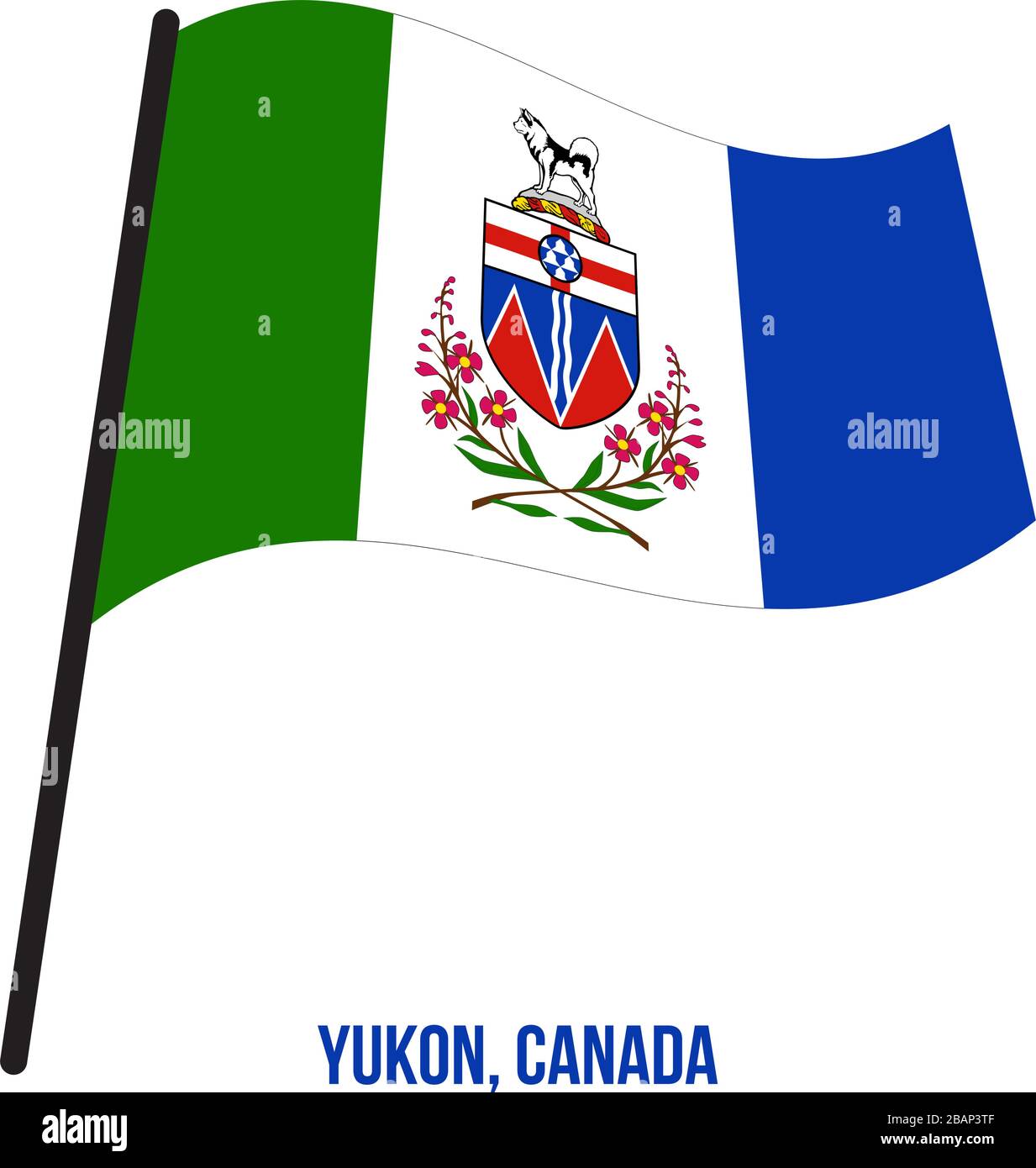 Yukon Flag Waving Vector Illustration on White Background. Territory Flag of Canada. Correct Size, Proportion and Colors. Stock Vector
