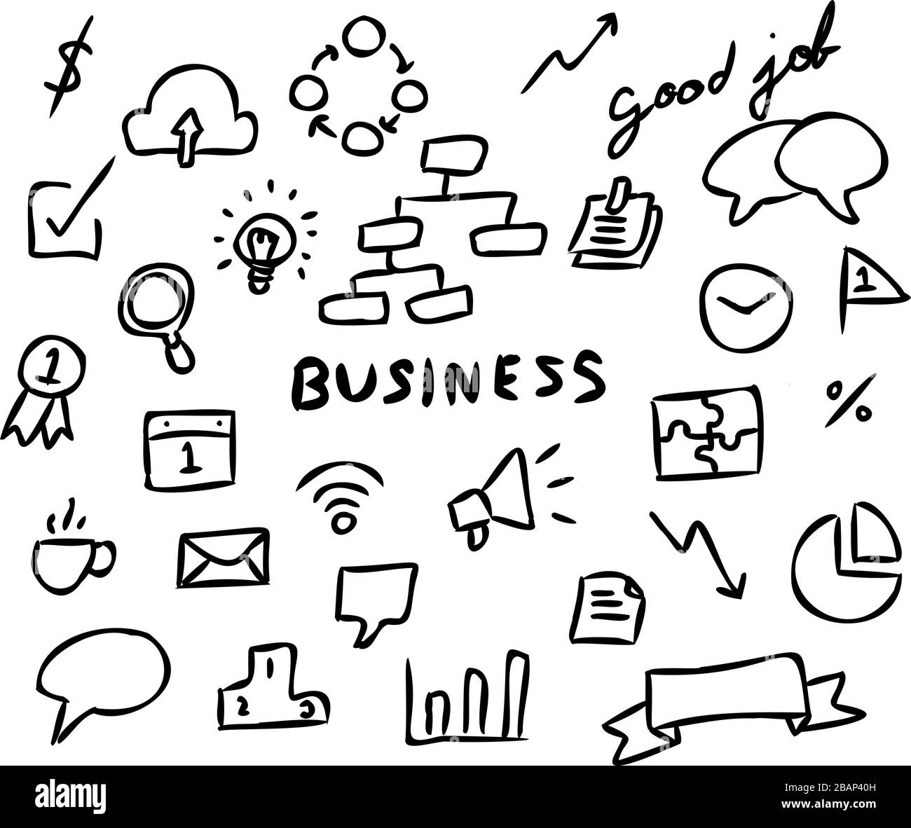 Black color doodle hand drawing icon in business set on white ...