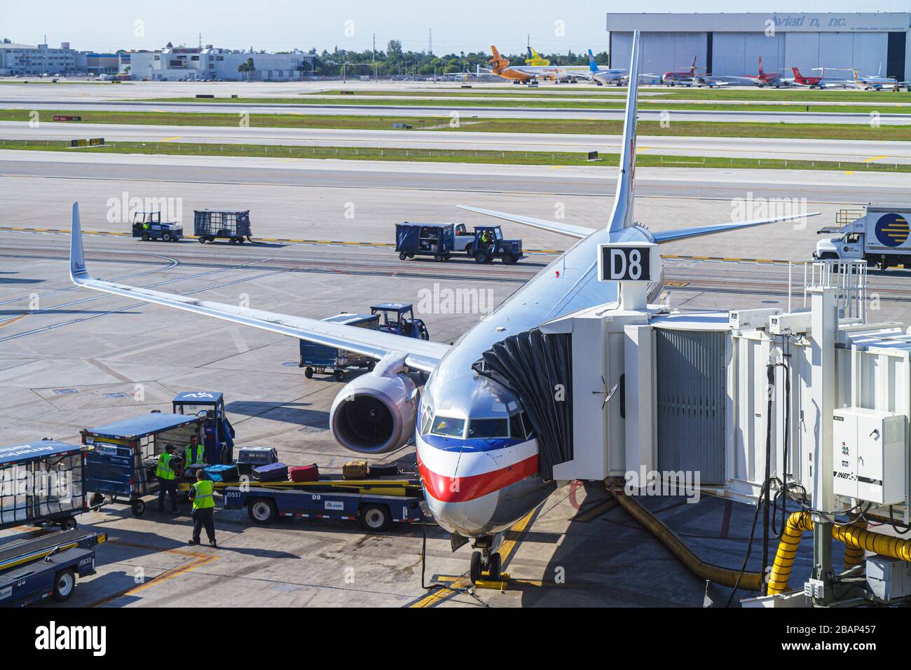 Miami Florida International Airport MIA,American Airlines,commercial airliner airplane plane aircraft aeroplane,plane,gate,ground crew,FL110504004 Stock Photo