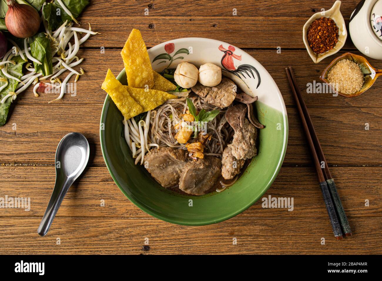 This is the picture of Boat Pork Soup Noodle Thai Style Stock Photo
