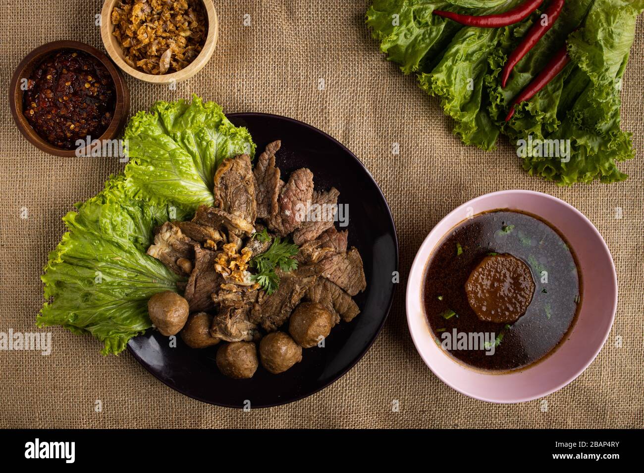 This is the picture of Beef Ball with Soup and Spicy Sauce from Chiang Mai Thailand Stock Photo