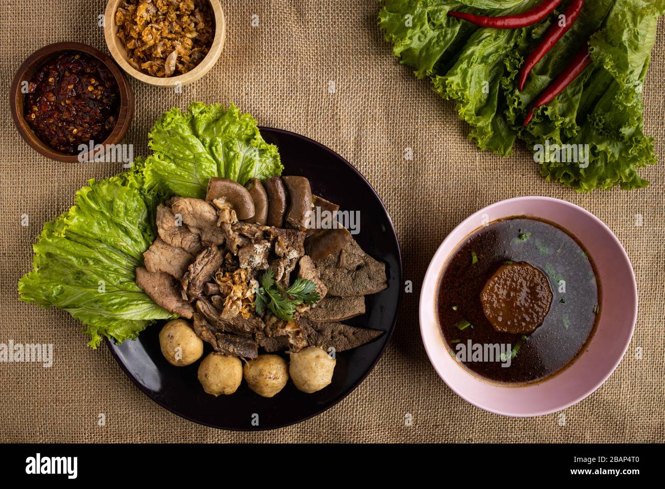 This is the picture of Pork Ball with Soup and Spicy Sauce from Chiang Mai Thailand Stock Photo