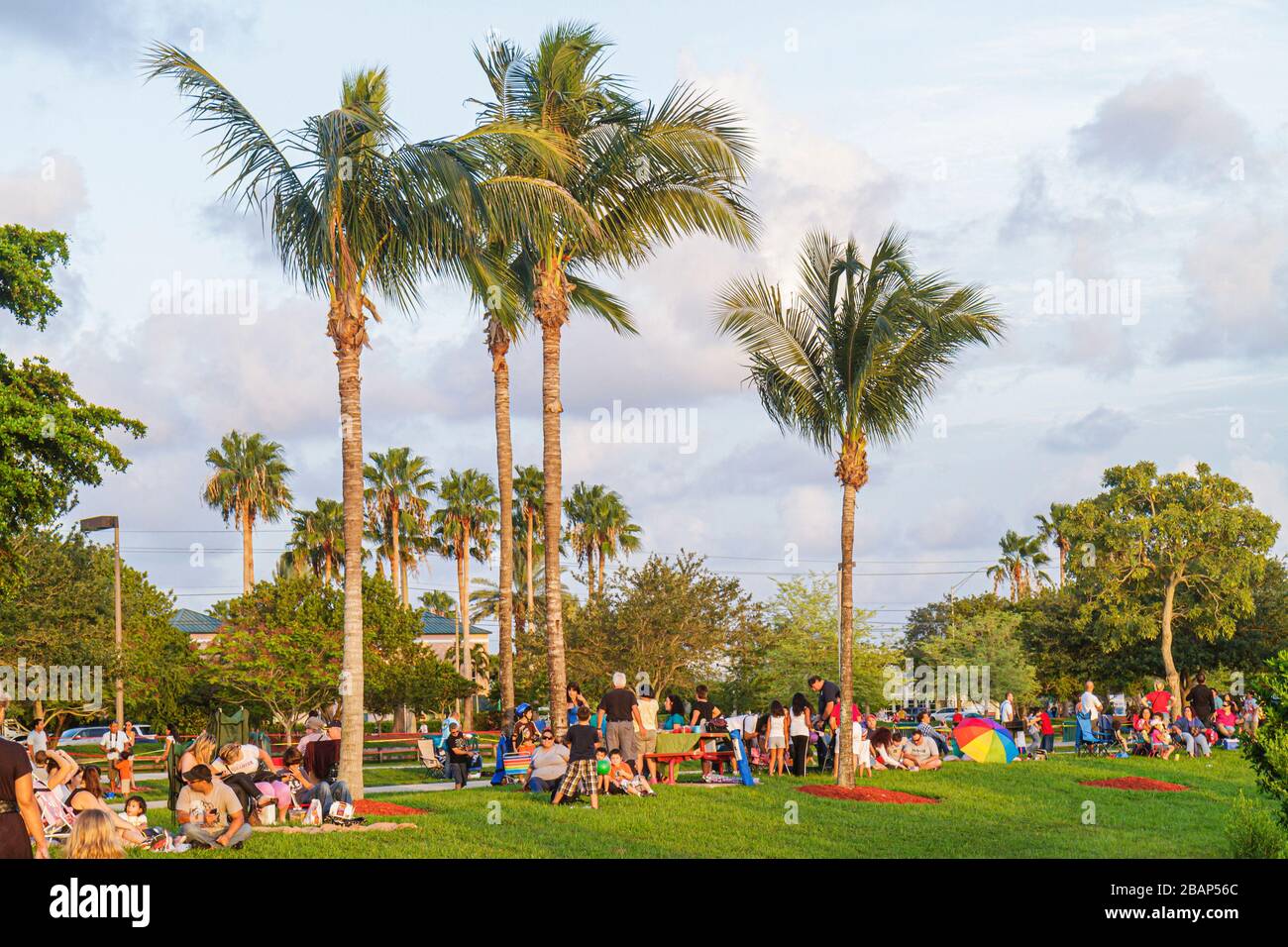 Miami Florida,Doral,J. C. Bermudez Park,Fourth 4th of July Hispanic family families parent parents child children,families,palm trees,FL110704016 Stock Photo
