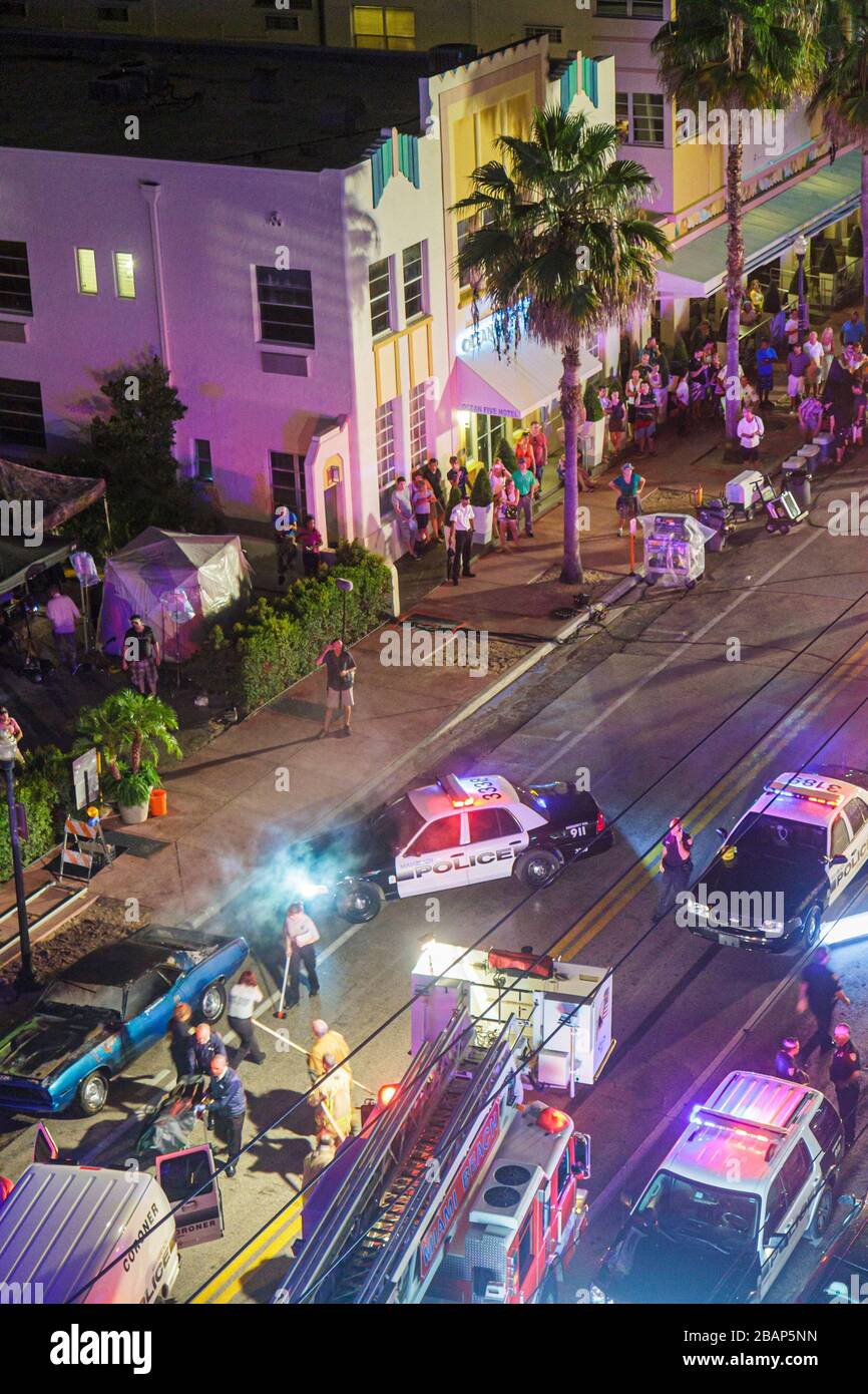 Miami Beach Florida,Ocean Drive,Charlie's Angels,ABC TV,television,set,remake,series,cancelled,night shoot,scene,set,crew,actors,props,visitors travel Stock Photo