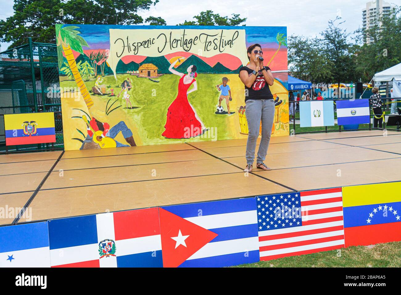 Miami Beach Florida,North Beach,Northshore Park,Hispanic Heritage Festival,stage,singer,singing,performer,performing,woman female women adult adults,m Stock Photo