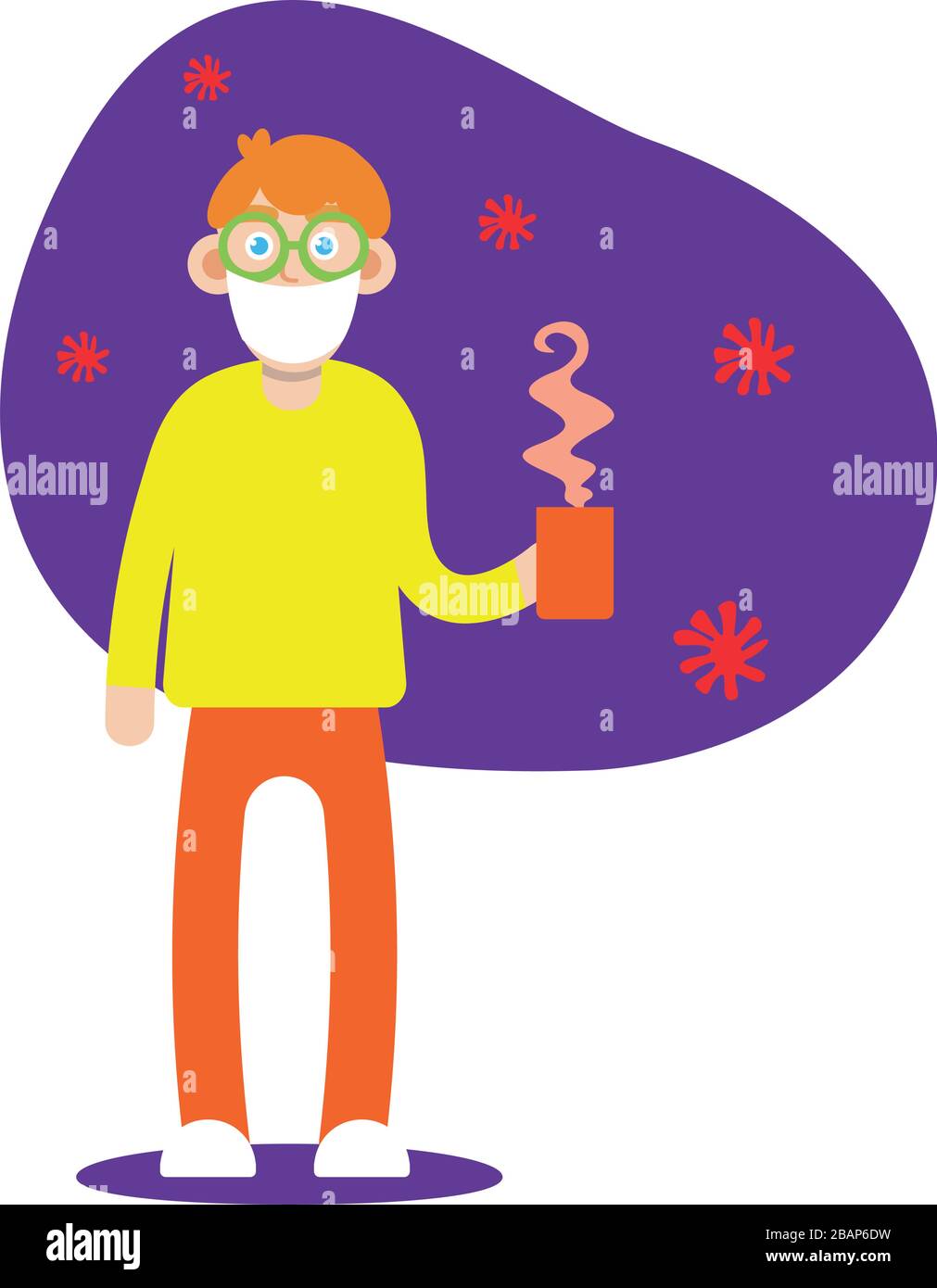 Wuhan sick with flu. Young man having a cold, holding medicines and a cup, cartoon style. Winter flu season. Vector of A Man Wearing a Protective Mask Stock Vector