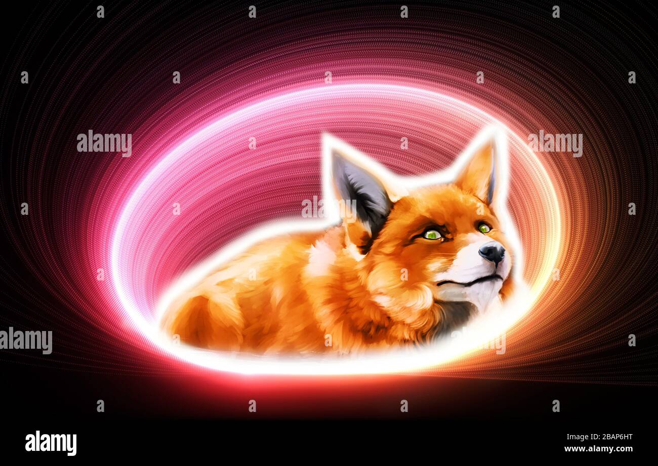 Abstract 3d illustration of a painting of a wild fox in a swirl lights  Stock Photo - Alamy