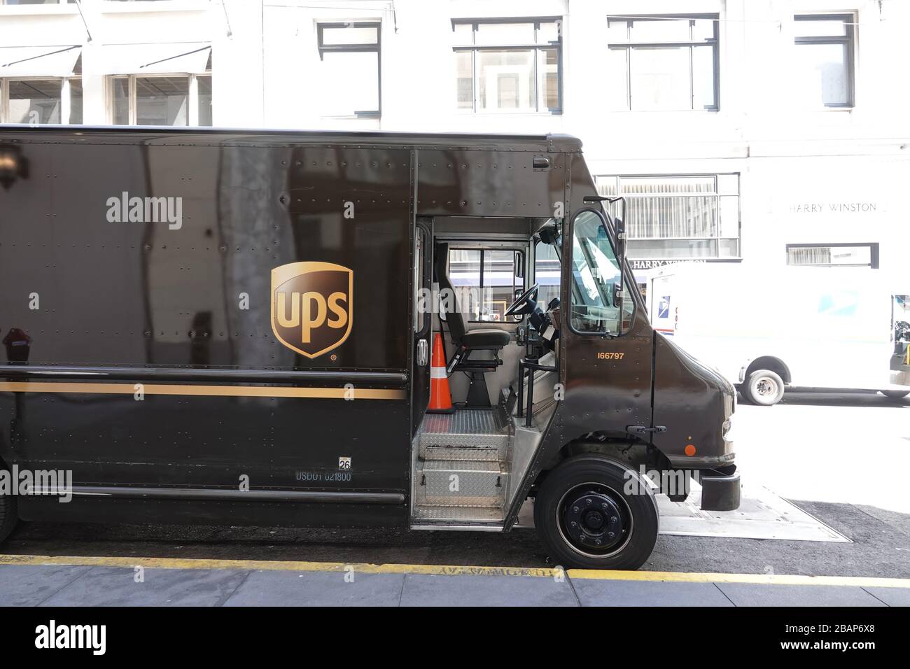 UPS truck parked on a San Francisco street; August 2018 Stock Photo
