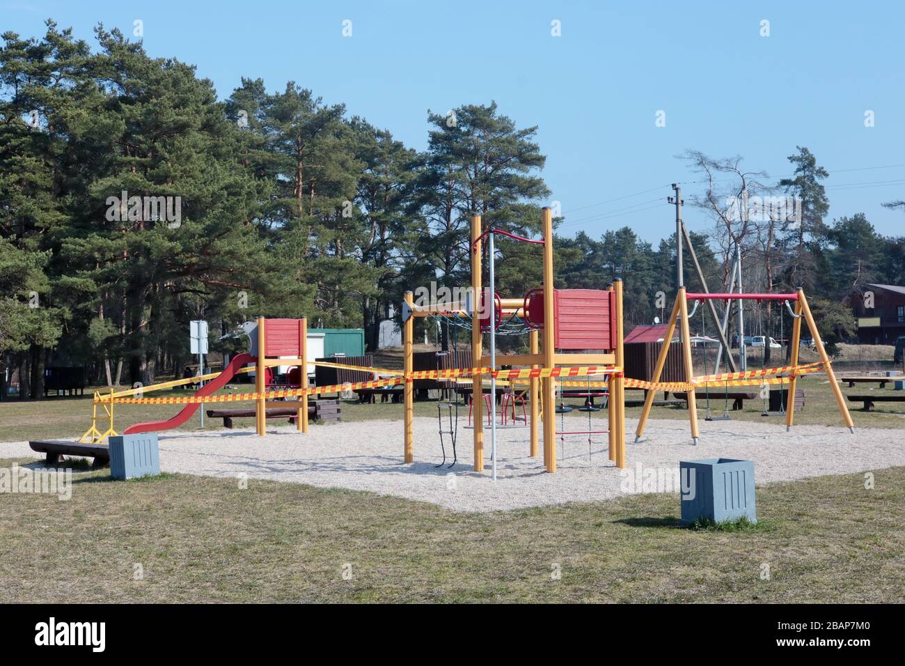 During quarantine due to the COVID-19 pandemic, it is forbidden to use public  children playground  and sports   simulators Stock Photo