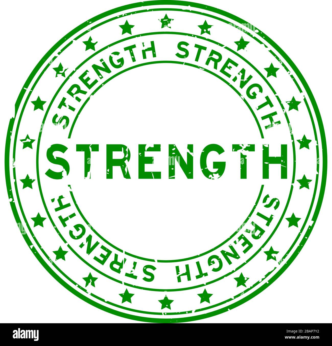 Grunge green strength word round rubber seal stamp on white background