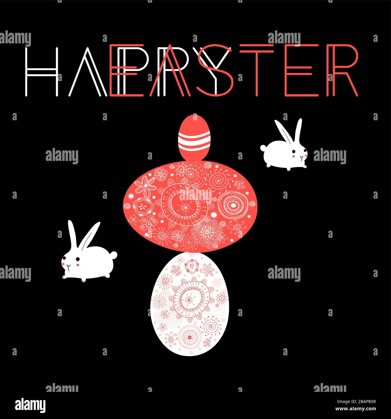 Bright card with Easter eggs and rabbits. Easter greeting card. Stock Vector