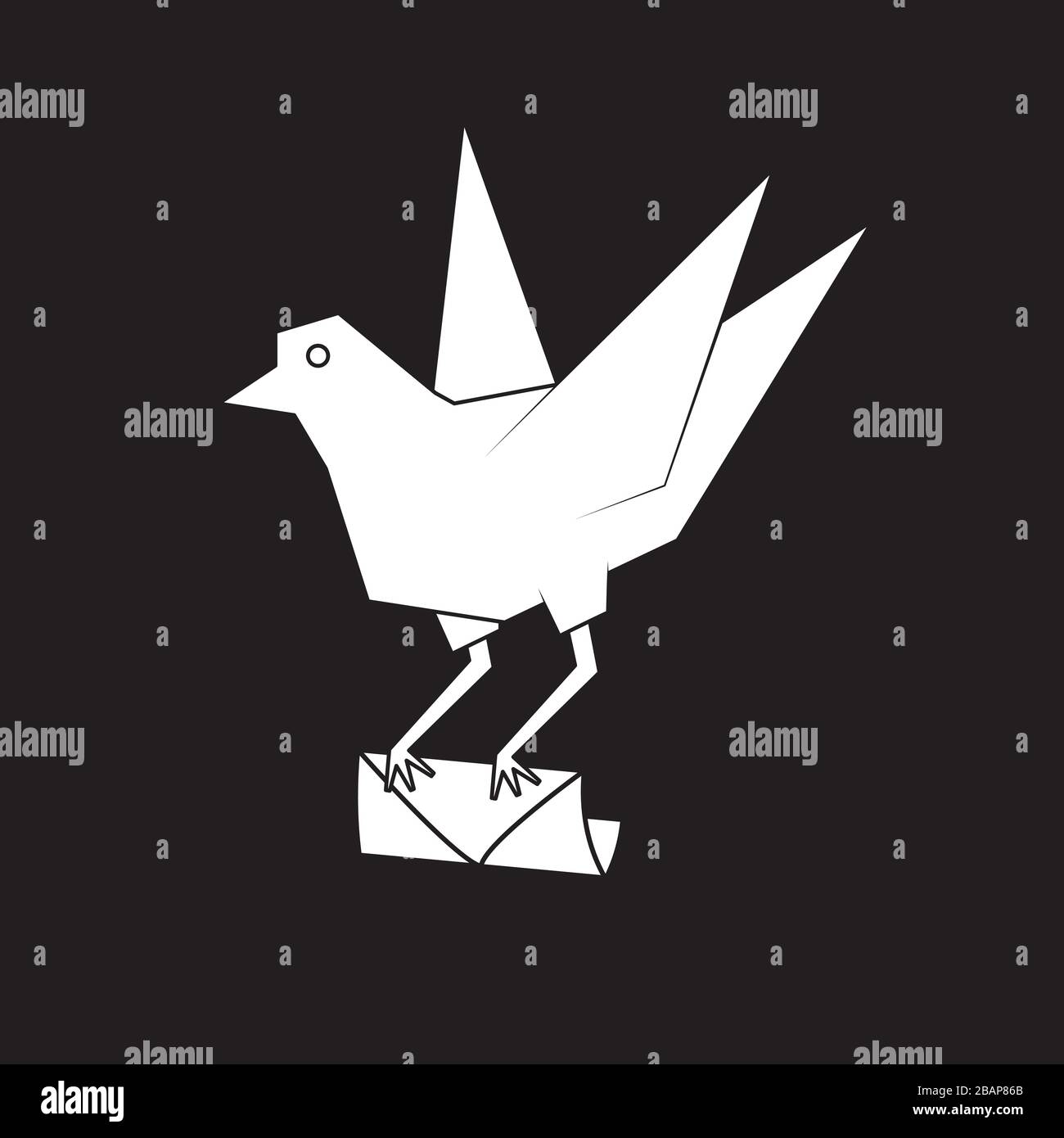 A pigeon holds an envelope in its paws on a black isolated background. Vector image Stock Vector