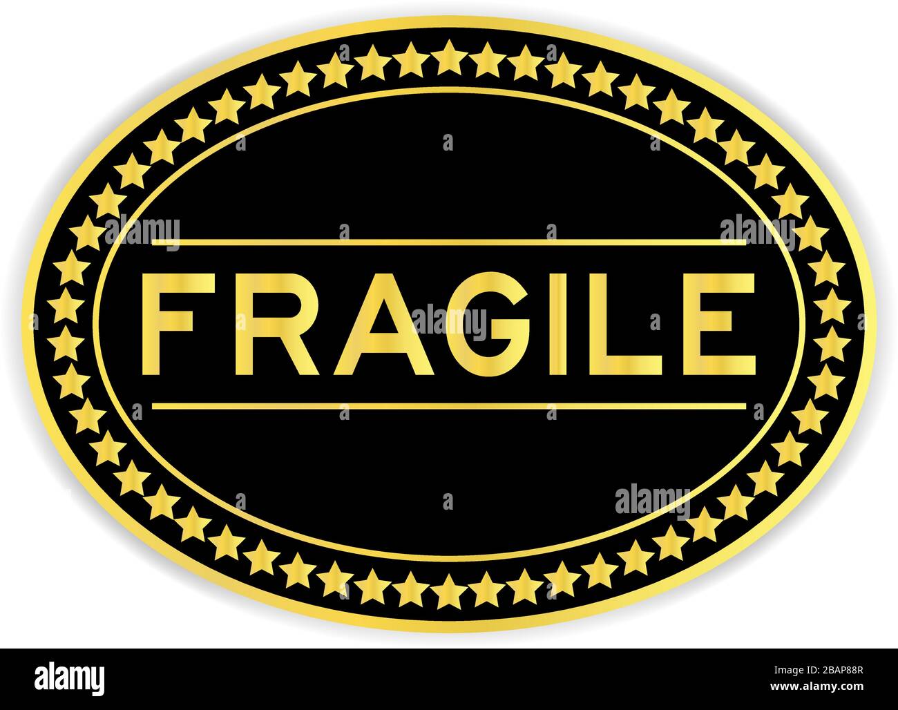 Black and gold color oval sticker with word fragile on white background Stock Vector