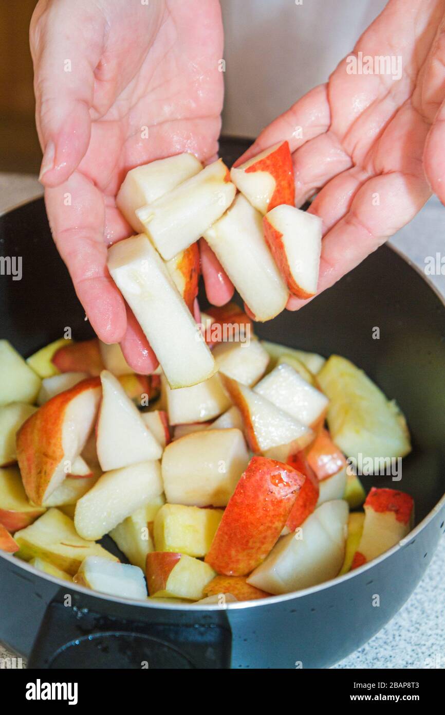 Miami Beach Florida,making fruit fruits compote apples pears,limes cranberries hands cutting slicing preparing cooking mixing combining, Stock Photo
