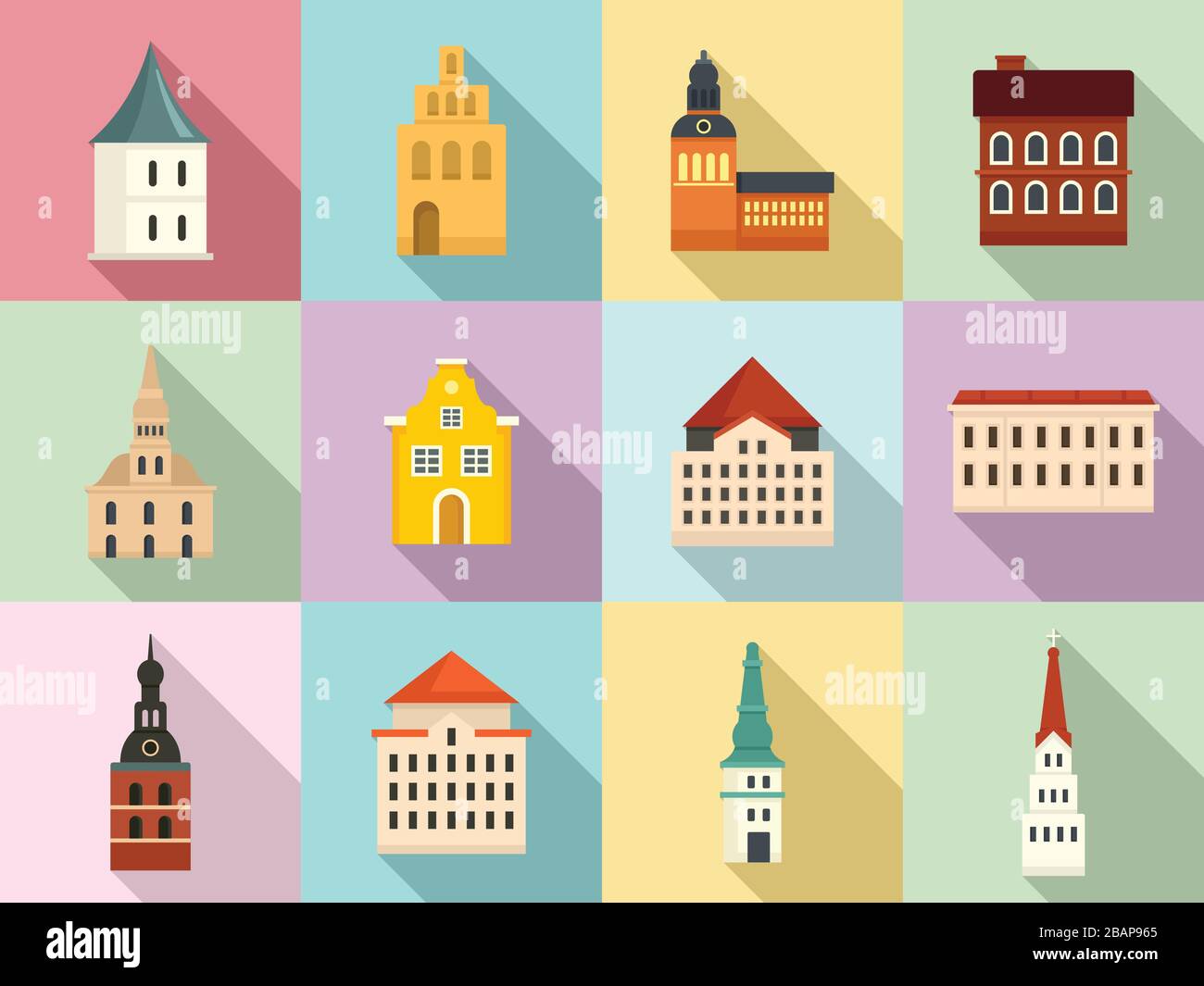 Riga icons set. Flat set of Riga vector icons for web design Stock Vector