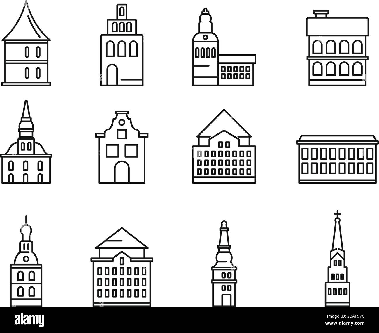 Riga Latvia icons set. Outline set of Riga Latvia vector icons for web design isolated on white background Stock Vector