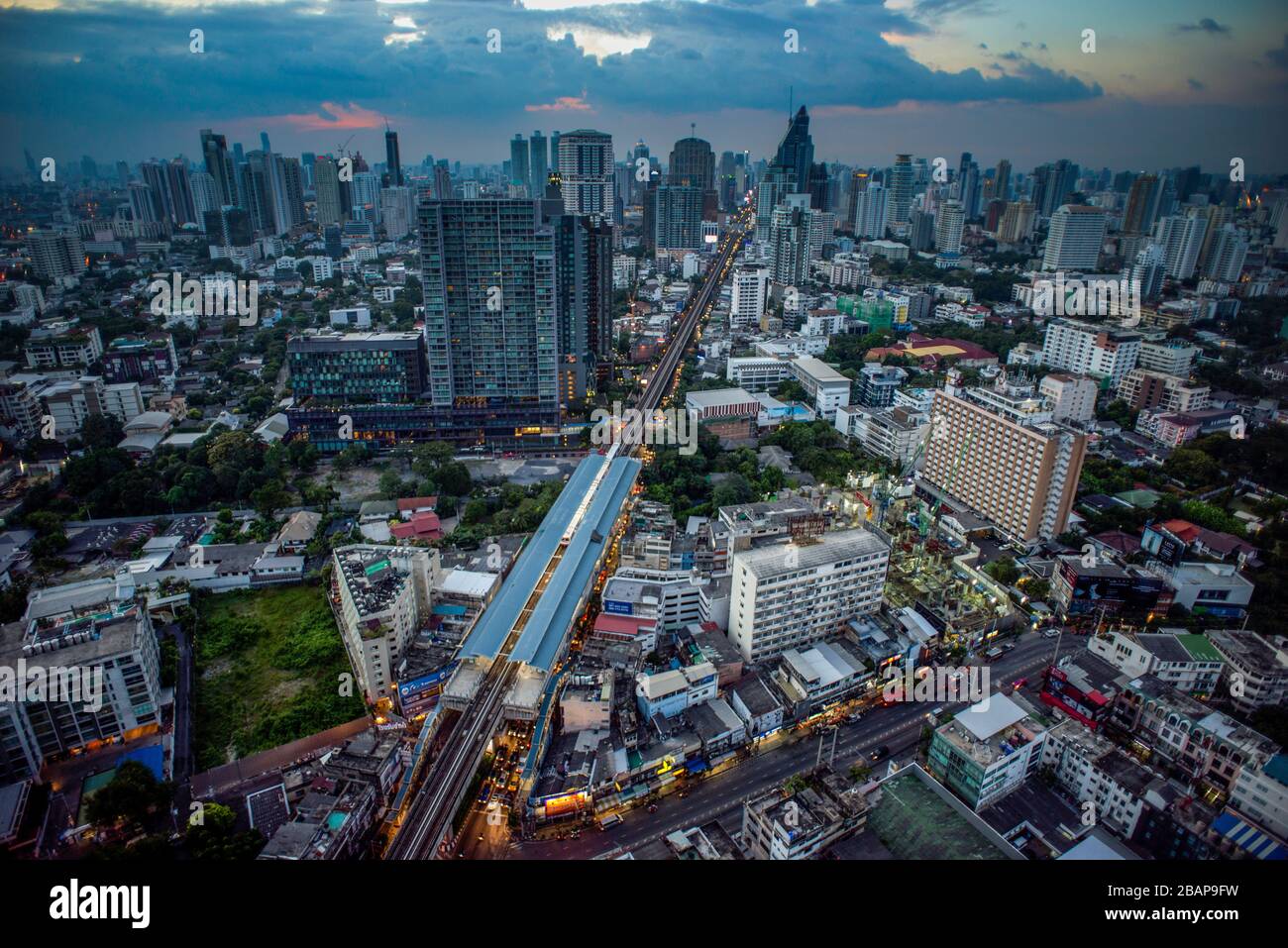 Bangkok skyline at sunset from high up Stock Photo