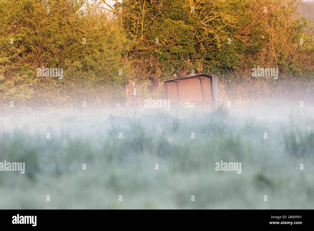 early morning mist over field with old cart Stock Photo