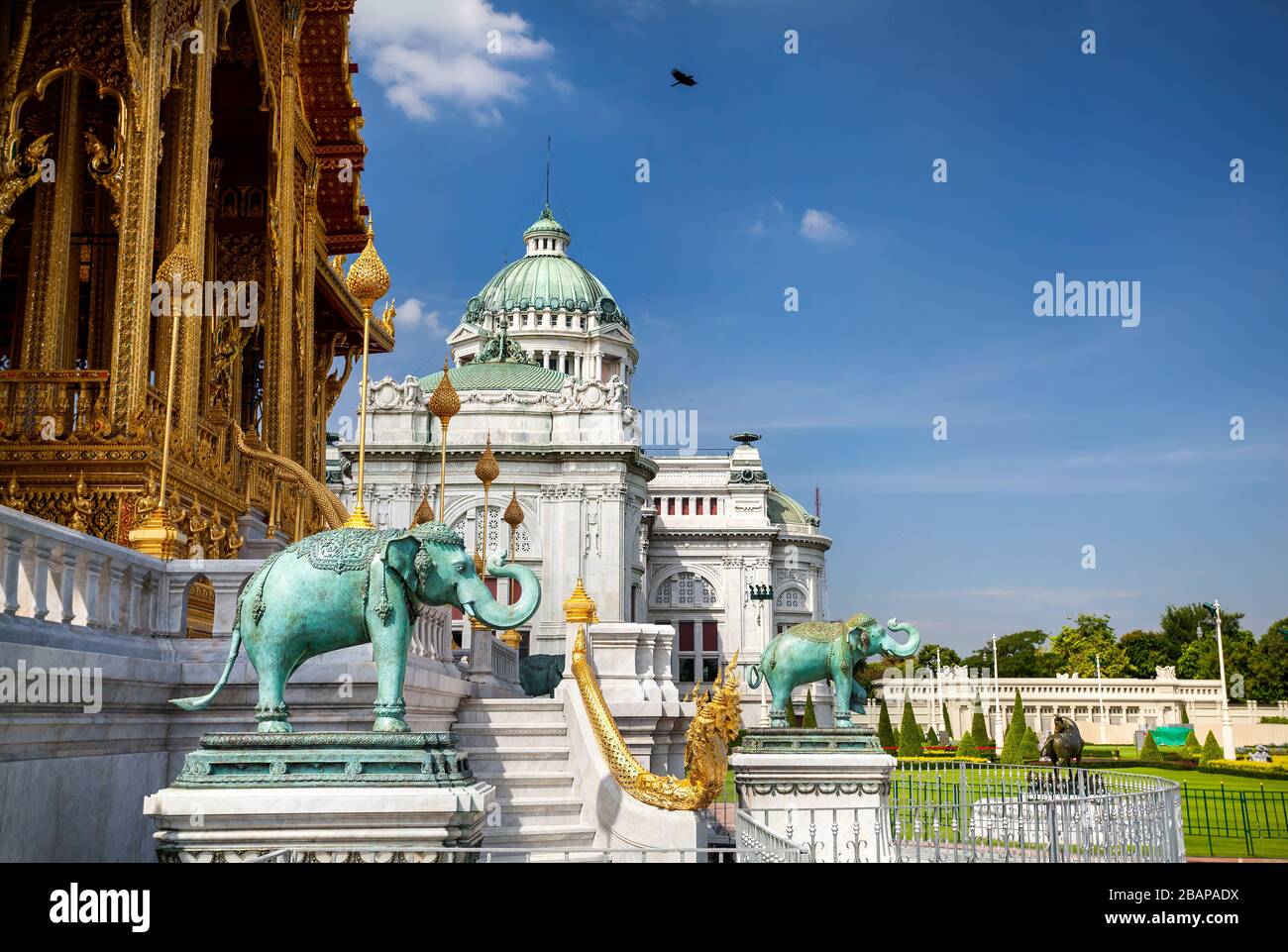 The Ananta Samakhom Throne Hall in Thai Royal Dusit Palace and green Elephant statues in Bangkok, Thailand Stock Photo