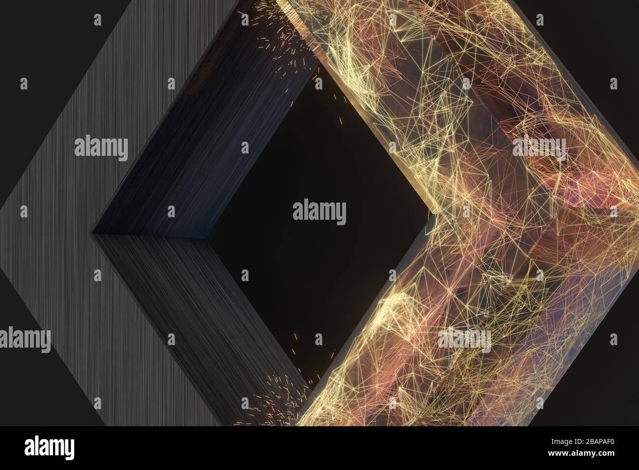 Golden abstract lines and crystals with black background, 3d rendering ...