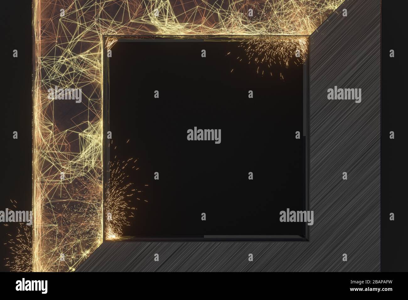 Golden abstract lines and crystals with black background, 3d rendering ...